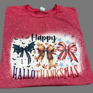 Red happy hallothanksmas tee