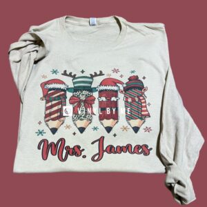 Tan longsleeve Christmas teacher pencil tee