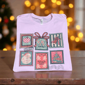 Pink teacher Christmas stamp tee